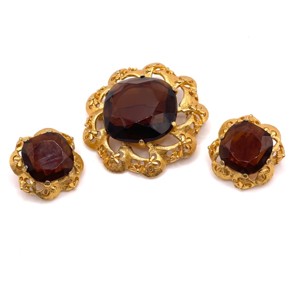 Florenza Signed Vintage Gold Tone Glass Topaz Brooch Clip-on Earrings Set